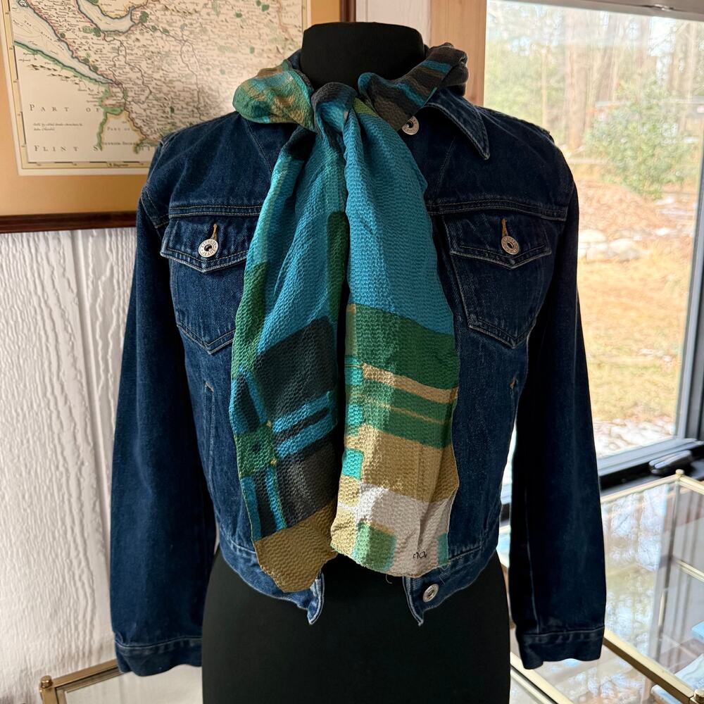 Vintage Echo 100% Silk Crinkle Scarf - Blue‎ & Green Plaid - 56” x 10” Oblong